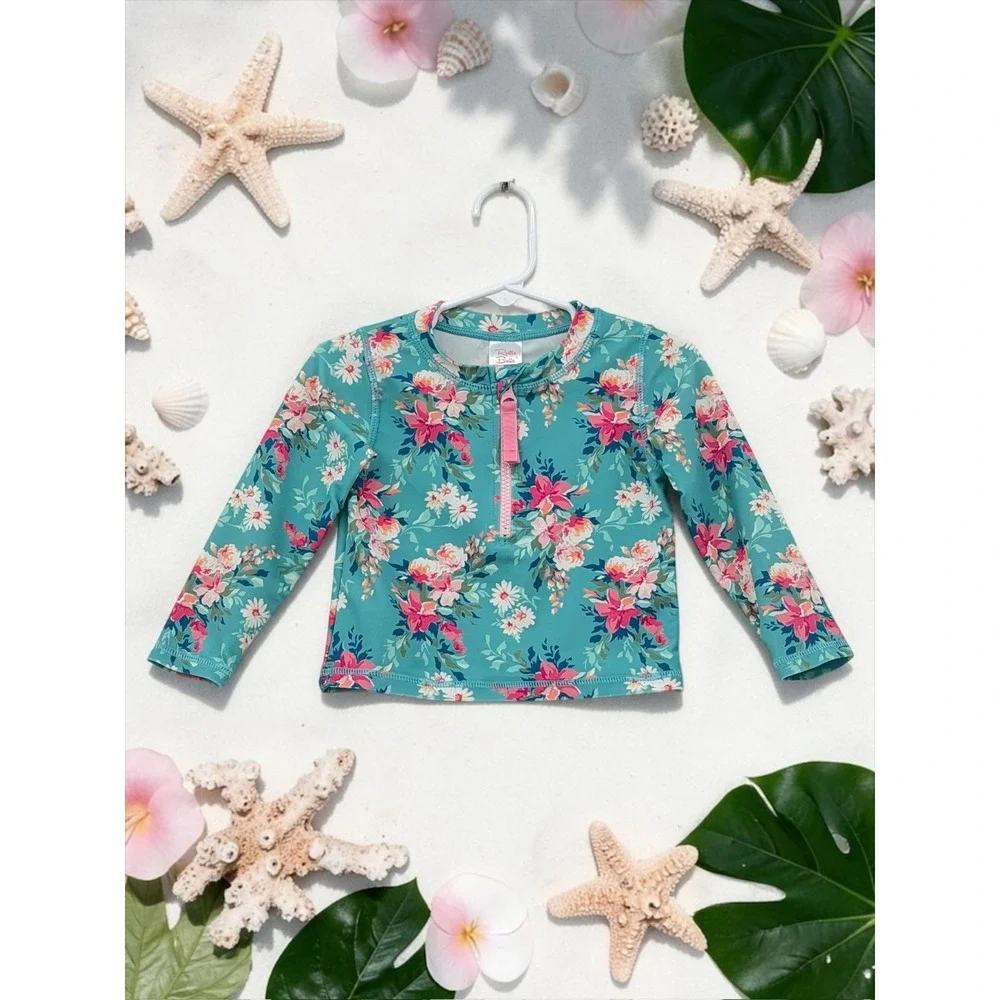 RuffleButts Floral Rash Guard Seersucker Ruffle Swimwear Set 2T